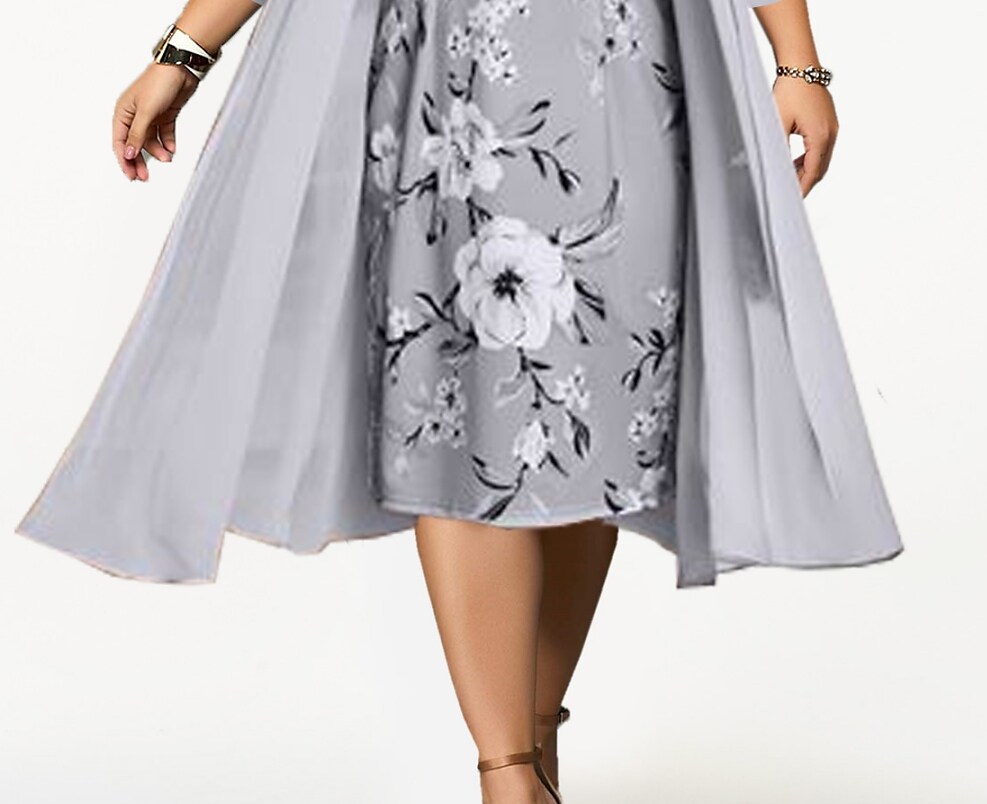 Women's Plus Size Dress Set Floral Round Neck 3/4 Length Sleeve Formal Dress