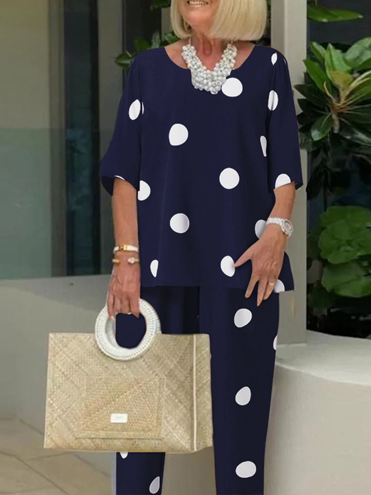 Polka dot top and pants two-piece set
