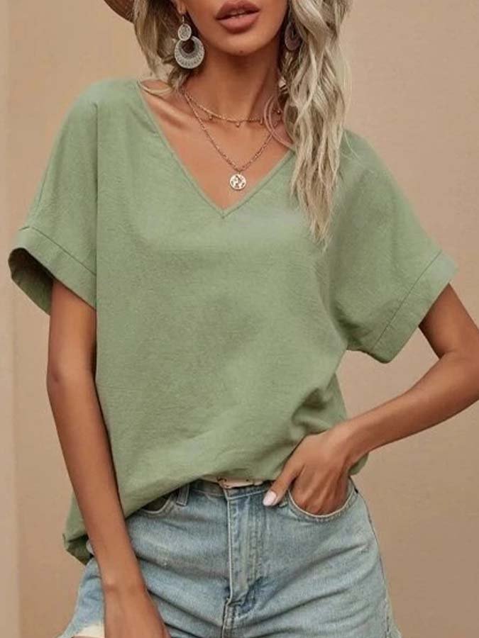Women's Cotton Linen V-Neck Loose Top