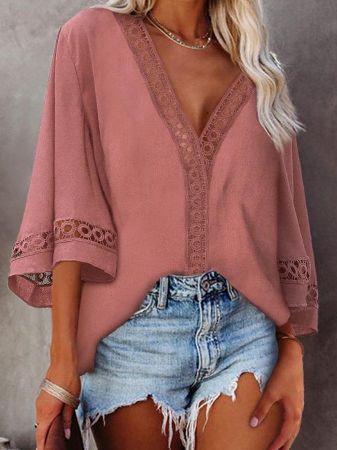 Women's Sexy V-Neck Cutout Lace Shirt