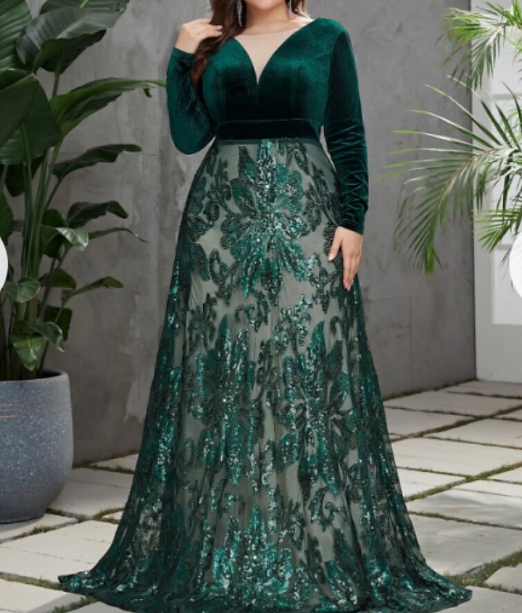 Women's Plus Size Party Dress Pure Color V Neck Long Sleeve Fall Winter Stylish Formal Maxi long Dress Formal Party Dress / Velvet