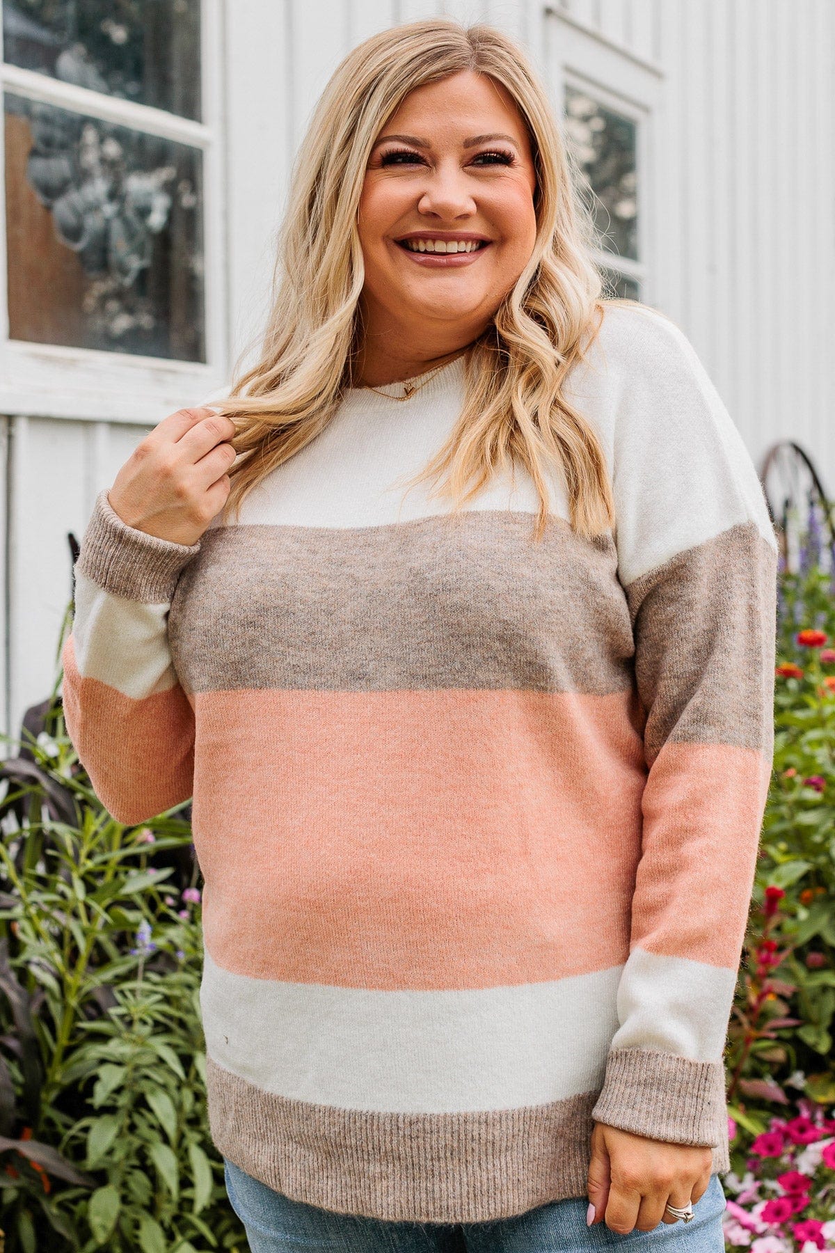 Unleash Your Shine Color Block Sweater- White, Mocha, & Pink