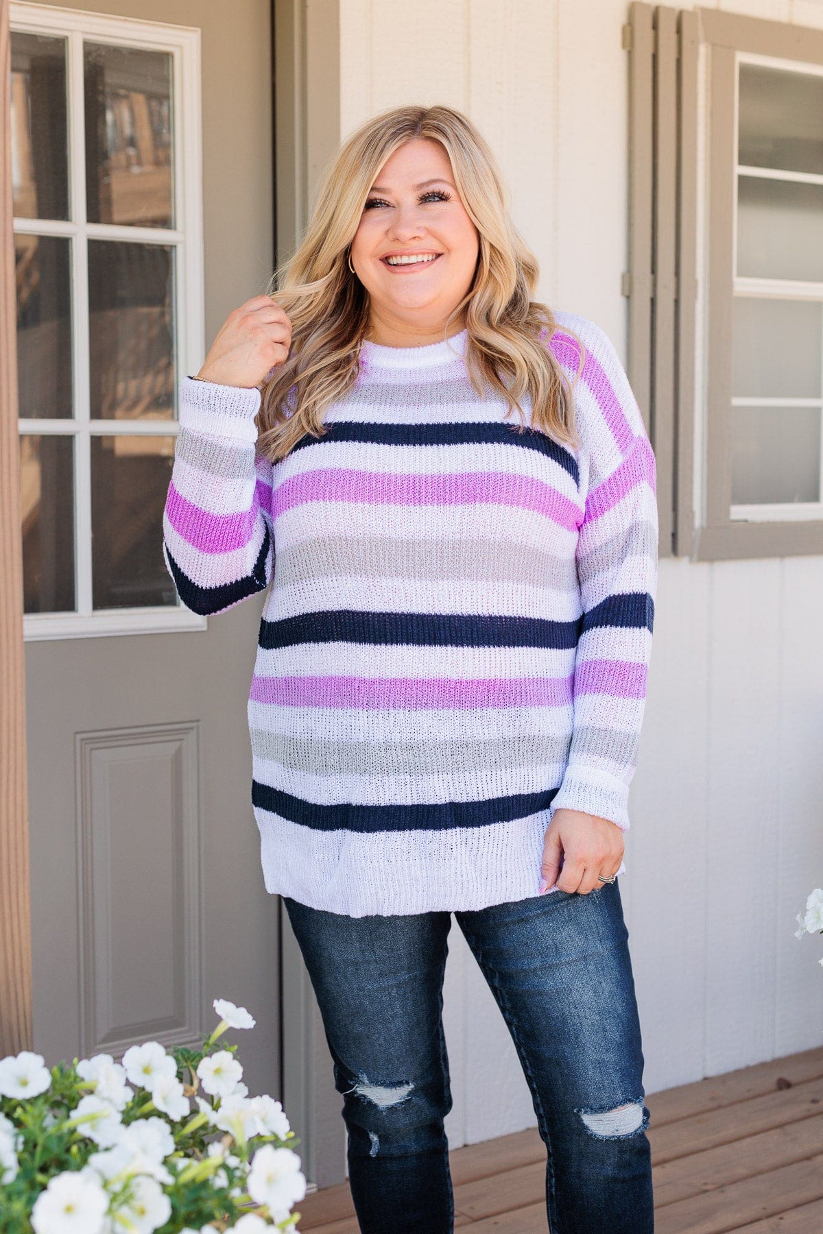 Done For The Day Striped Sweater- Lavender & Gray
