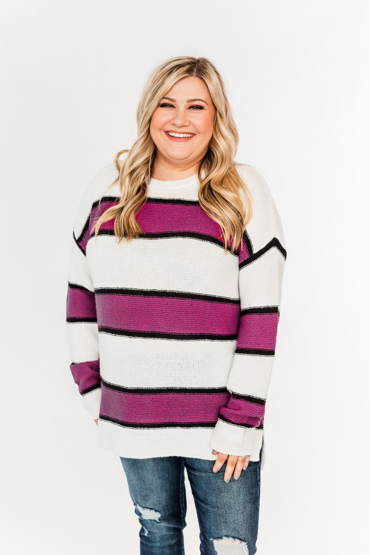 Oh So Soft Striped Knit Sweater- Magenta