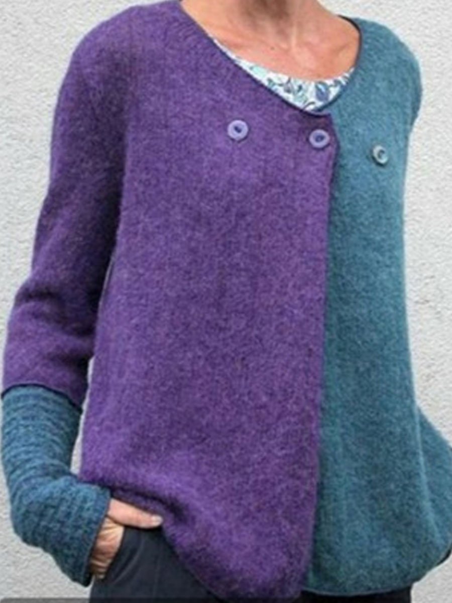 Casual stitching button V-neck sweater