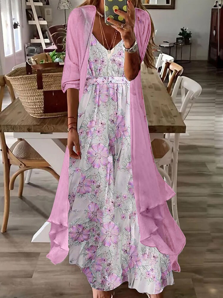 Women's Dress Set Two Piece Dress Long Dress Maxi Dress Blue Purple Pink Half Sleeve Floral Ruched Fall Spring Autumn V Neck Fashion Daily Vacation 2022 S M L XL XXL 3XL