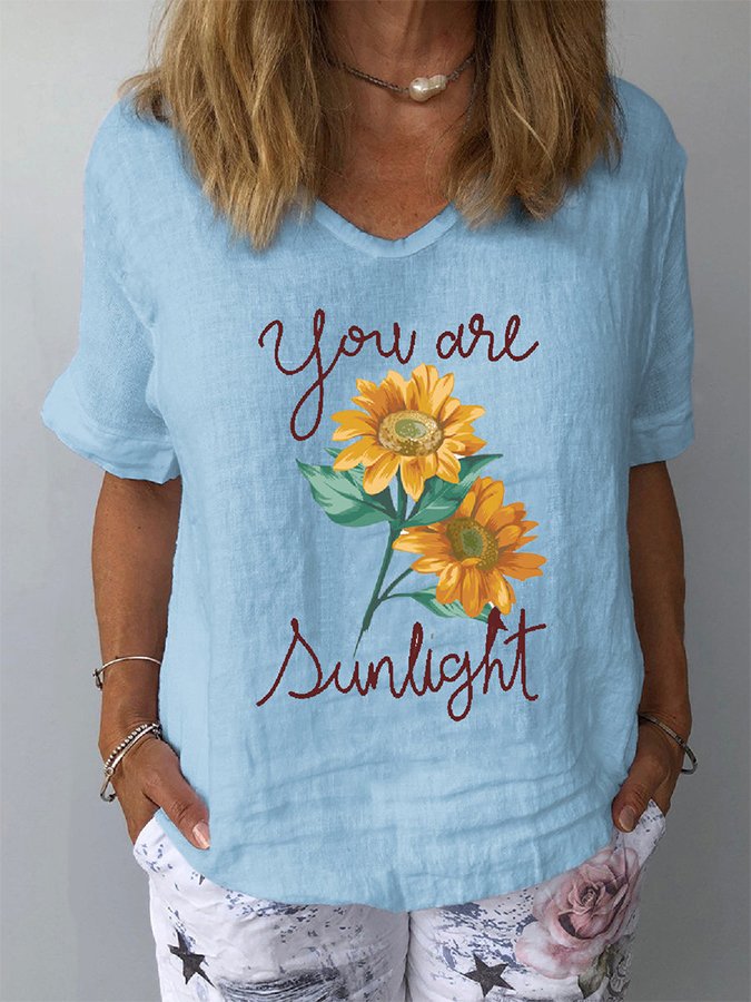 Women's Sunflower Print Loose V-Neck Short Sleeve T-Shirt