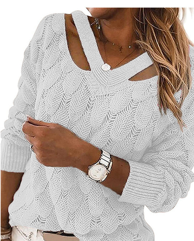 Women's Off the Shoulder Sweater Long Sleeve V-Neck Top