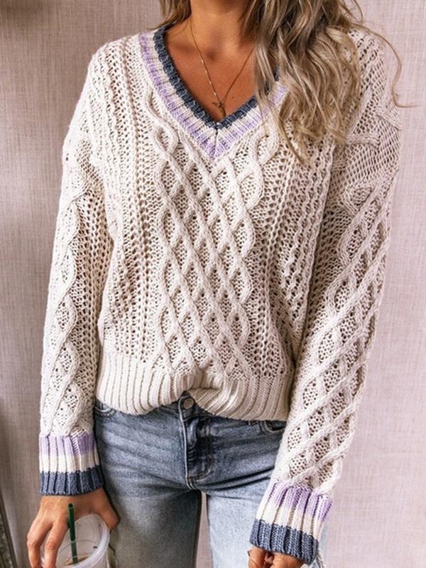 Women's Twisted V-Neck Knitted Long Sleeve Sweater