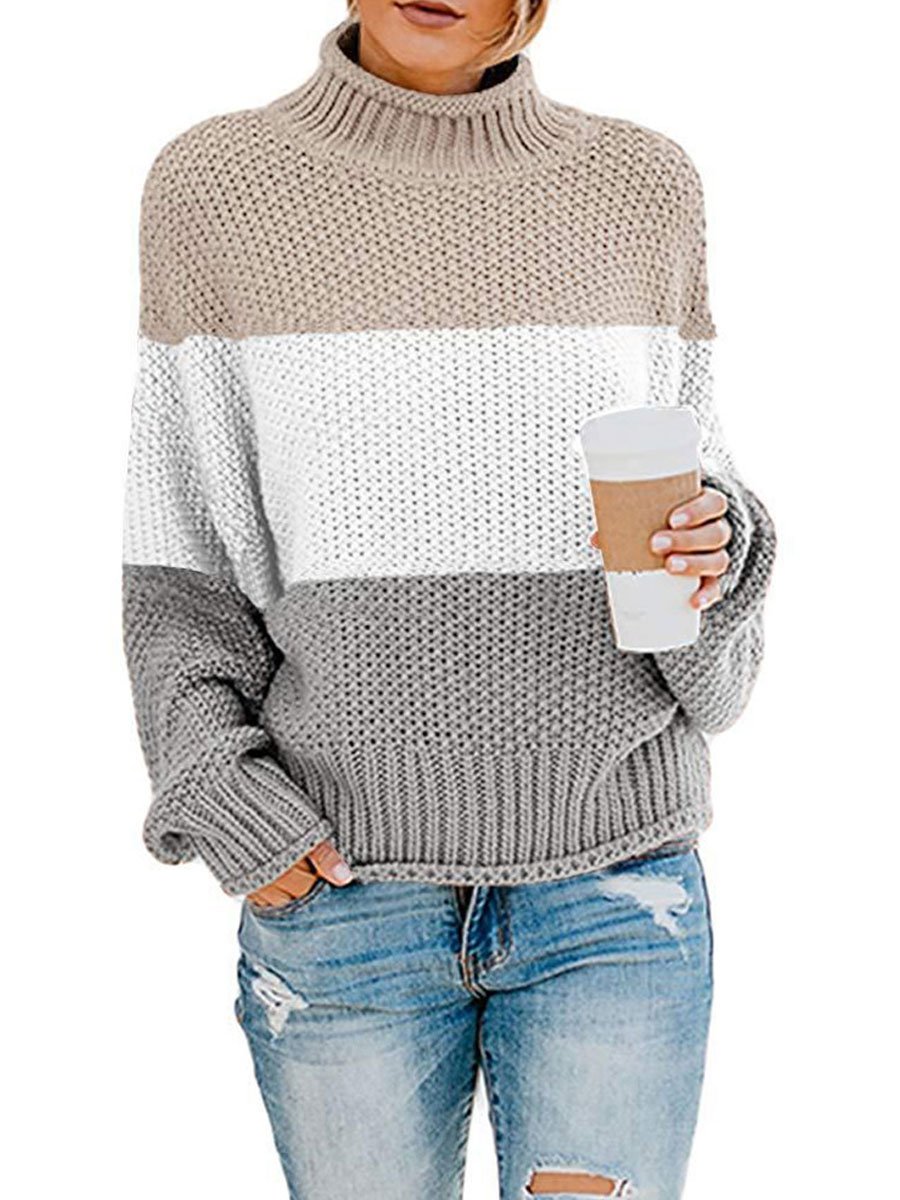 Color block turtleneck knitted sweater