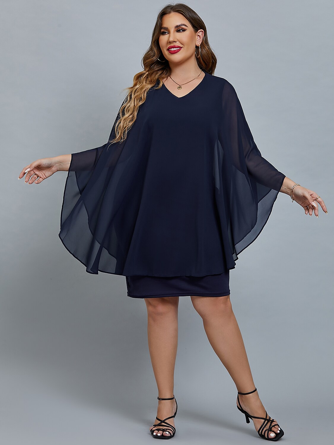 Women's Plus Size Curve Party Dress Solid Color V Neck 3/4 Length Sleeve Fall Spring Elegant Prom Dress Midi Dress Formal Party Dress / Date / Mesh