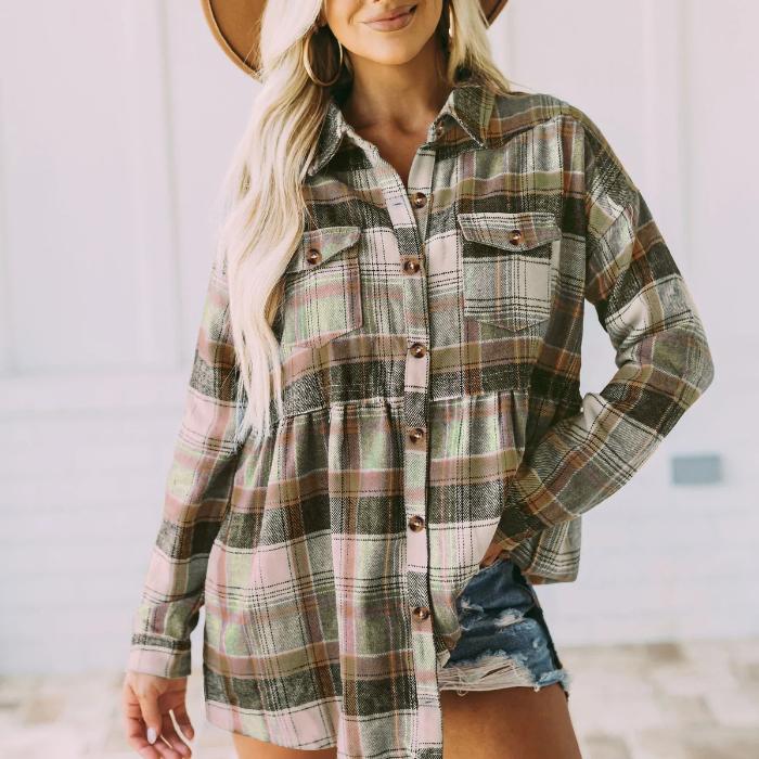 Fashion plaid print buttons collar women shirt