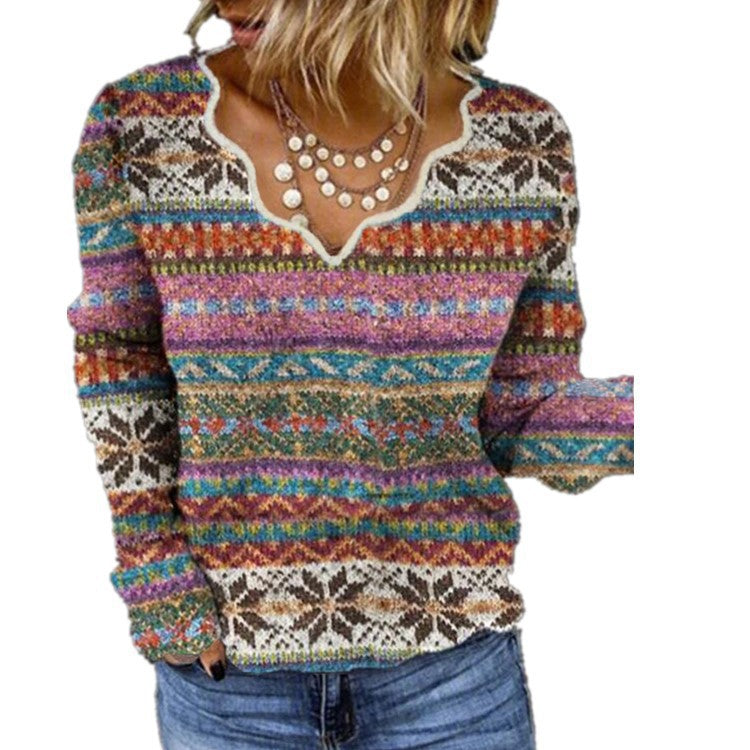 Women's Printed Sweater Long Sleeve V-Neck Top
