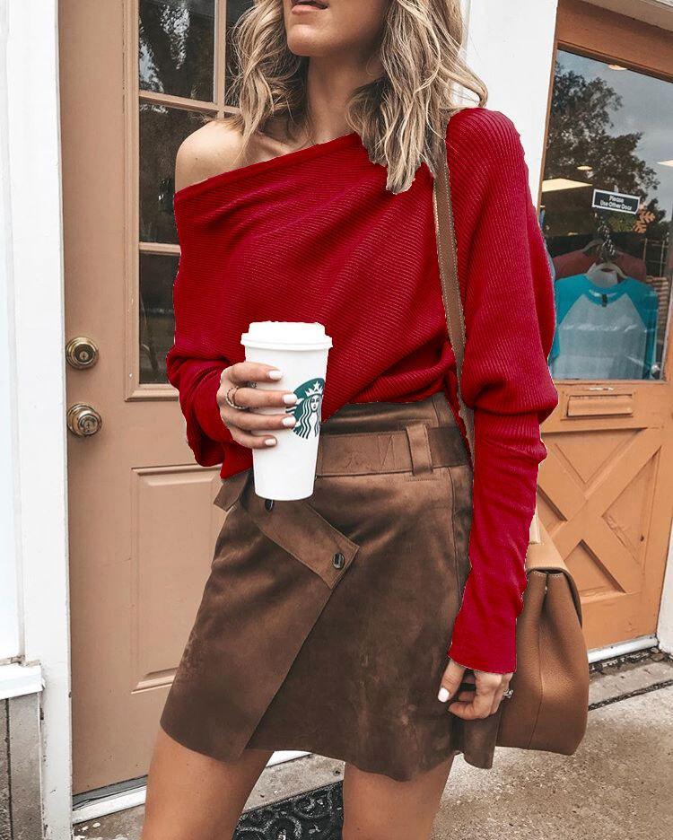 Oblique Neckline Solid Loose Regular Sweaters