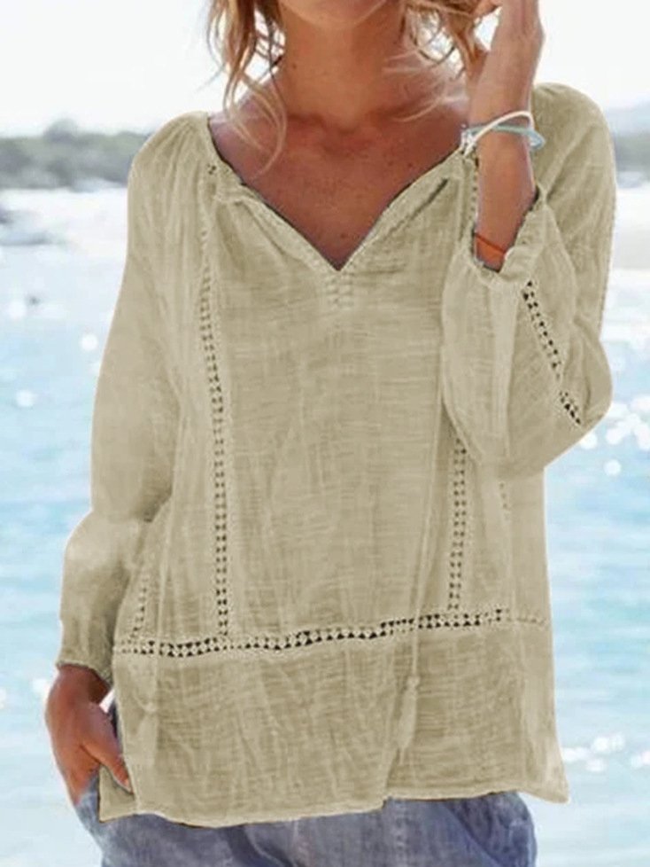 Solid Color Long Sleeve V-Neck Casual Shirt