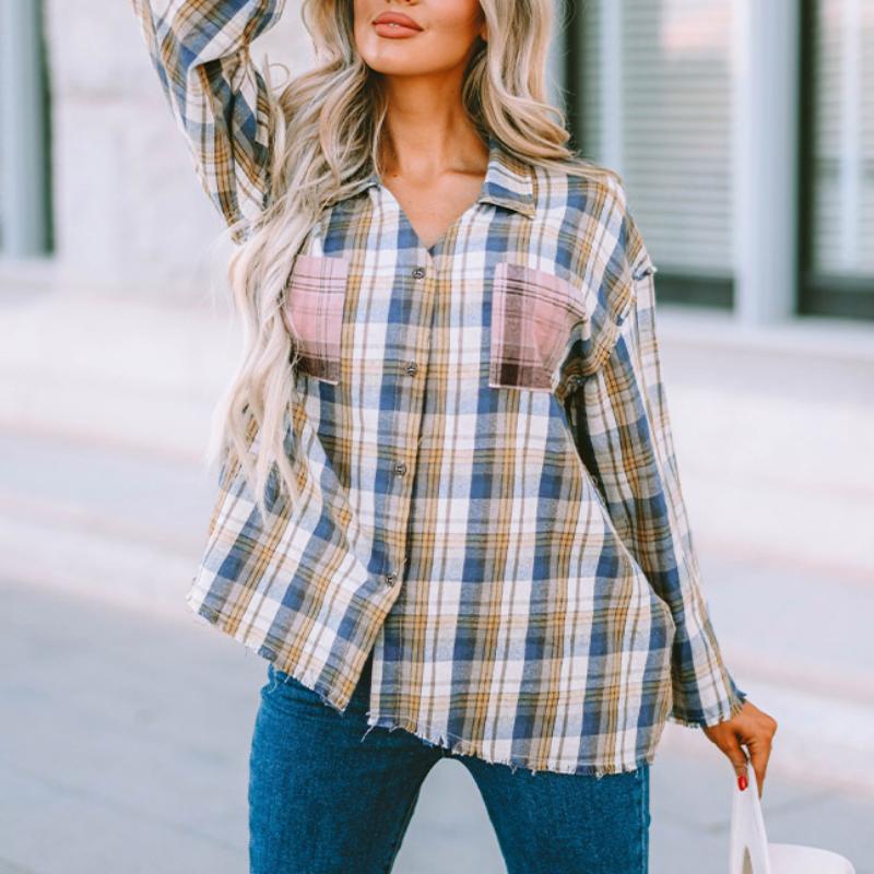 Fashion plaid print collar buttons women shirt