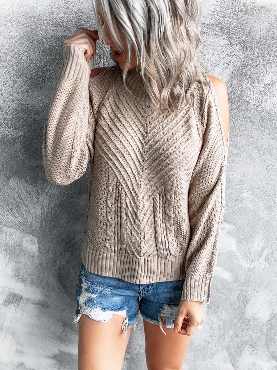 Solid Color Off-shoulder High Neck Sweater