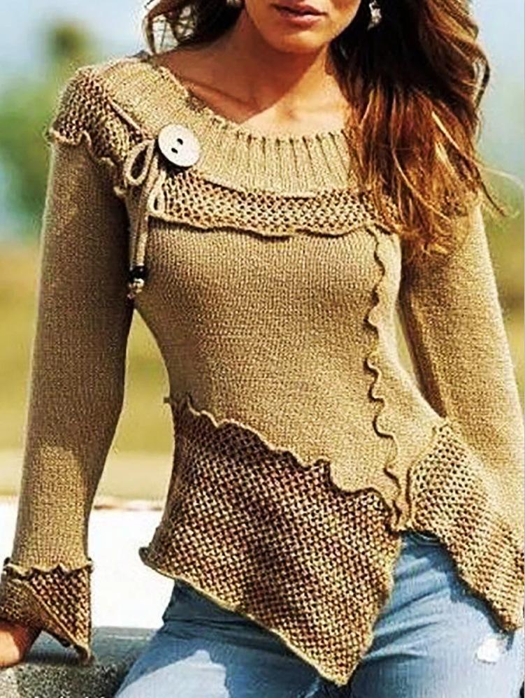 Retro Long Sleeve Sweater With Stitching Round Neck