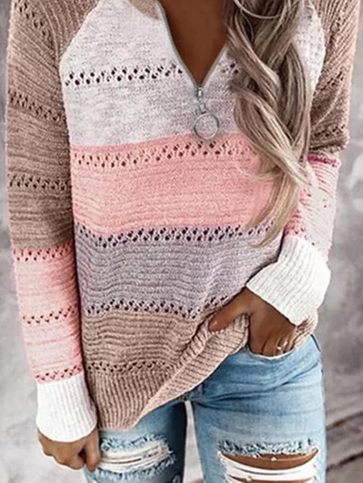 Color Blocking Long Sleeve Shift Casual Sweater with zipper