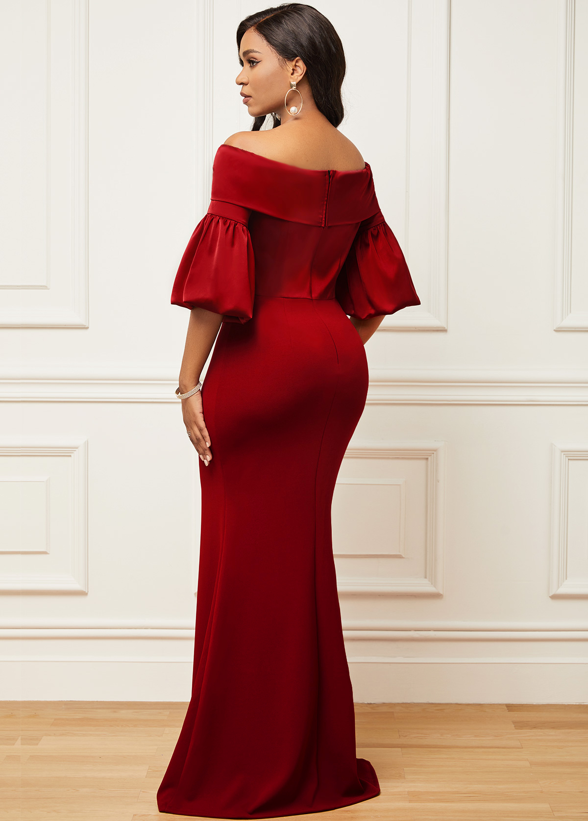 Off Shoulder Lantern Sleeve Red Mermaid Dress