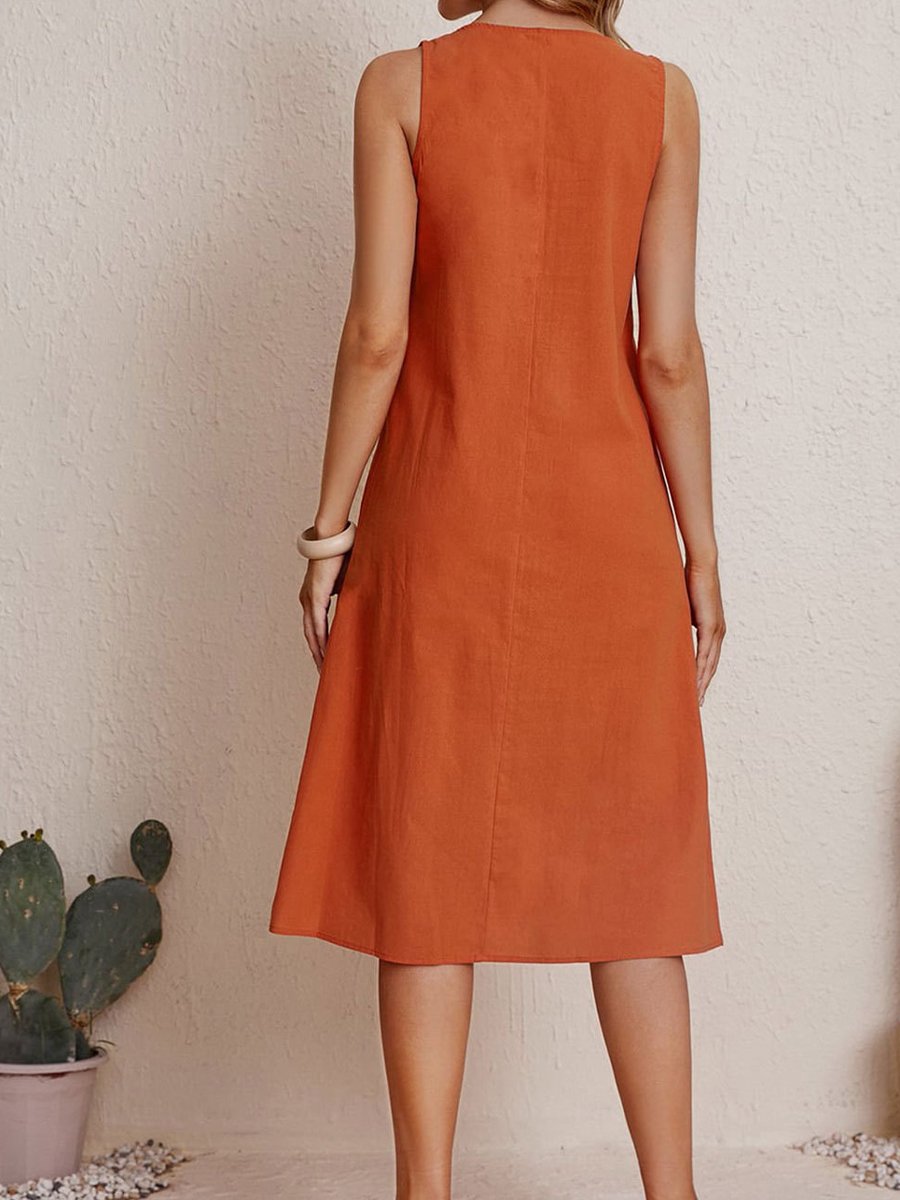 Women's Solid Color Pleated Cotton Linen Dress