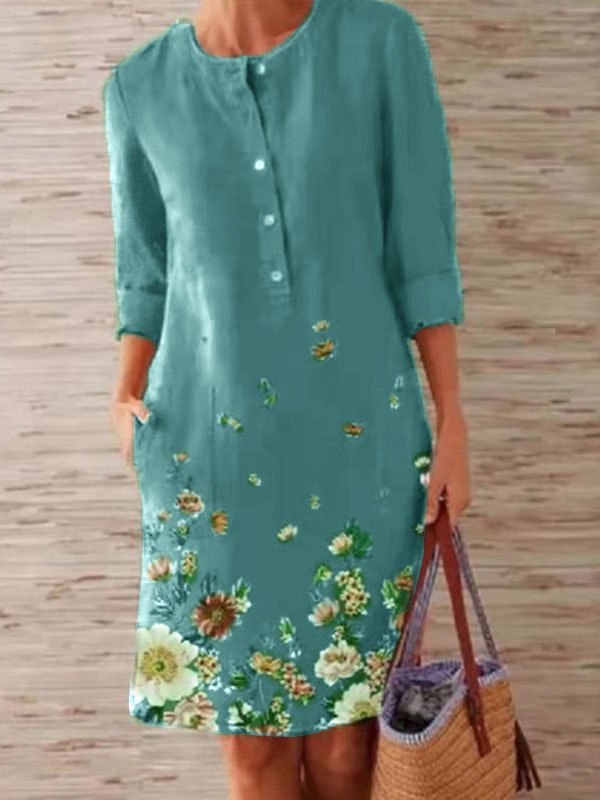 Women's Printed Crew Neck Mid Waist Dress