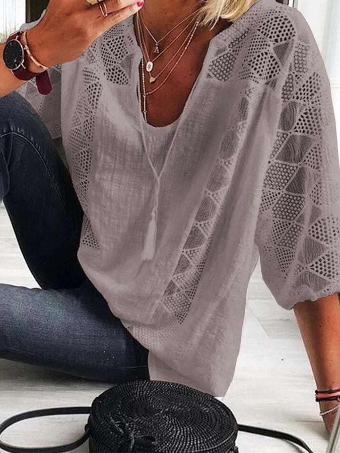 Women's Lace Panel Lace Up U-Neck Top