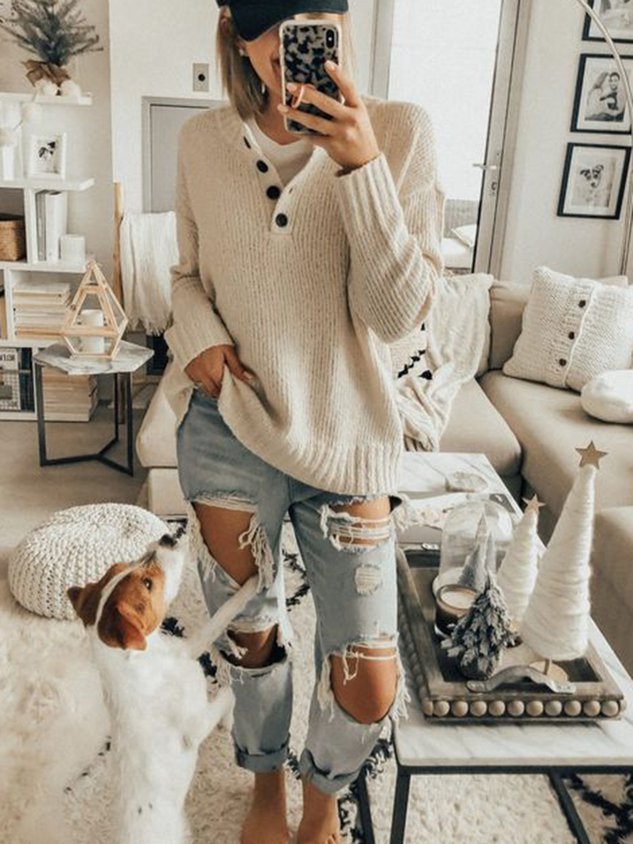 Beige Long Sleeve Casual Sweater