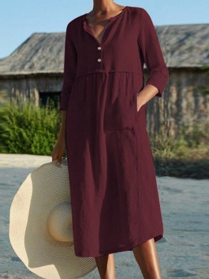 Ladies Cotton Linen Round Neck Pocket Solid Color Dress