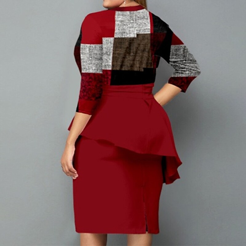 Women's Plus Size Work Dress Plaid Shirt Collar Ruffle Long Sleeve Fall Winter Work Formal Midi Dress Vacation Going out Dress / Print