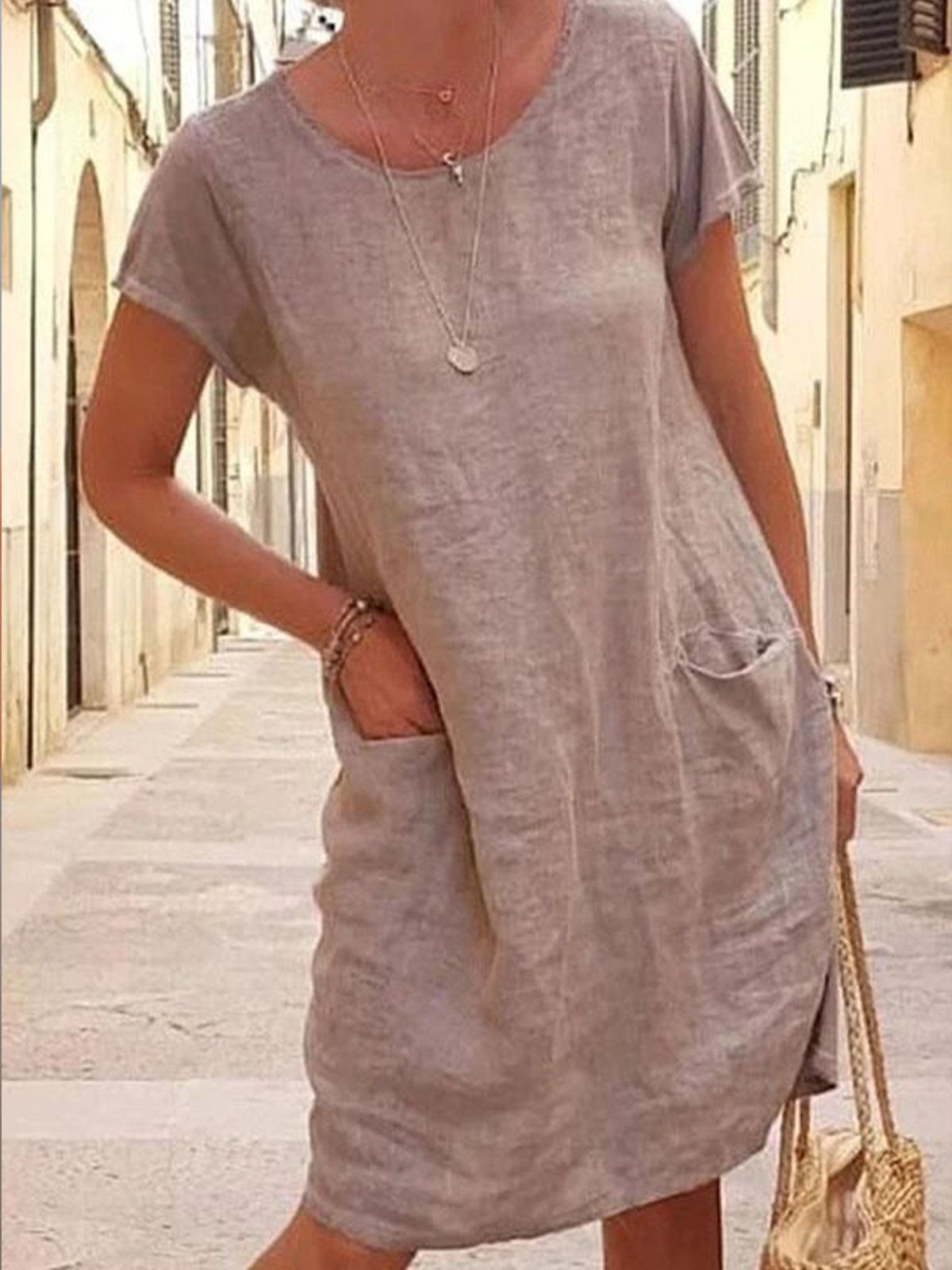 Women's Loose Round Neck Cotton Short Dress