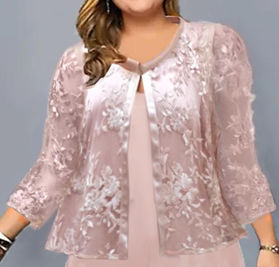 Women's Plus Size Dress Set Floral V Neck 3/4 Length Sleeve Winter Fall Stylish Casual Midi Dress Work Date Dress