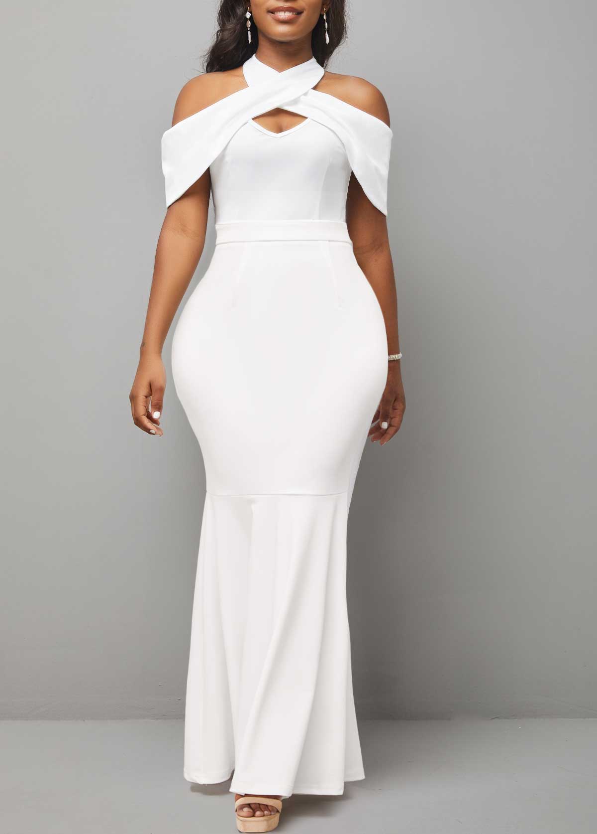 Cold Shoulder Bib Neck White Mermaid Dress
