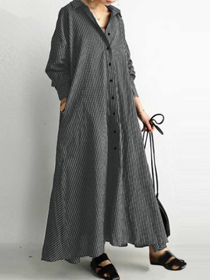 Women's Casual Loose Striped Shirt Dress
