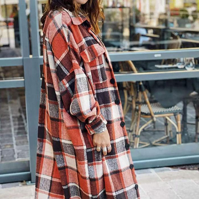 Winter plaid print long sleeve women coat