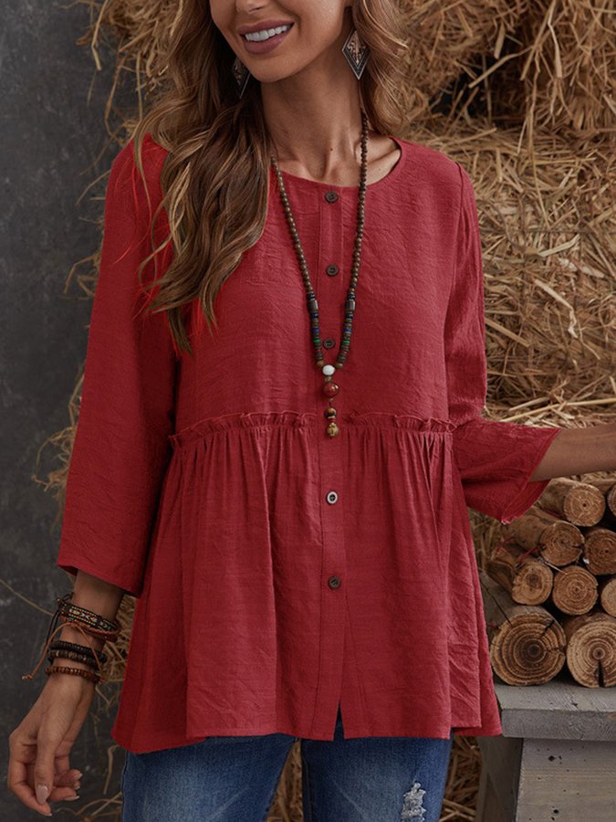 Ladies Cotton Linen Casual Round Neck Shirt