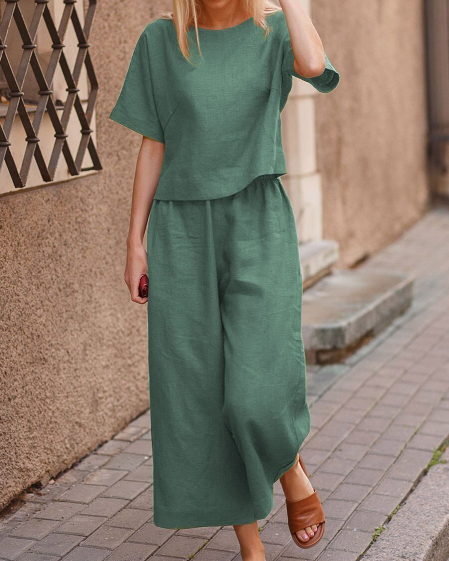 Linen casual loose solid color suit two piece set