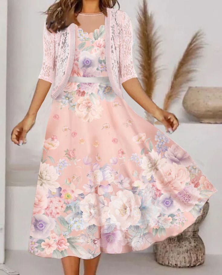 Women's Dress Set Midi Dress Pink Half Sleeve Floral Print Lace Print Spring Summer Crew Neck Stylish Elegant 2022 S M L XL XXL 3XL 4XL 5XL
