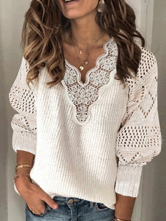 Women's Solid Lace V-Neck Casual Sweaters
