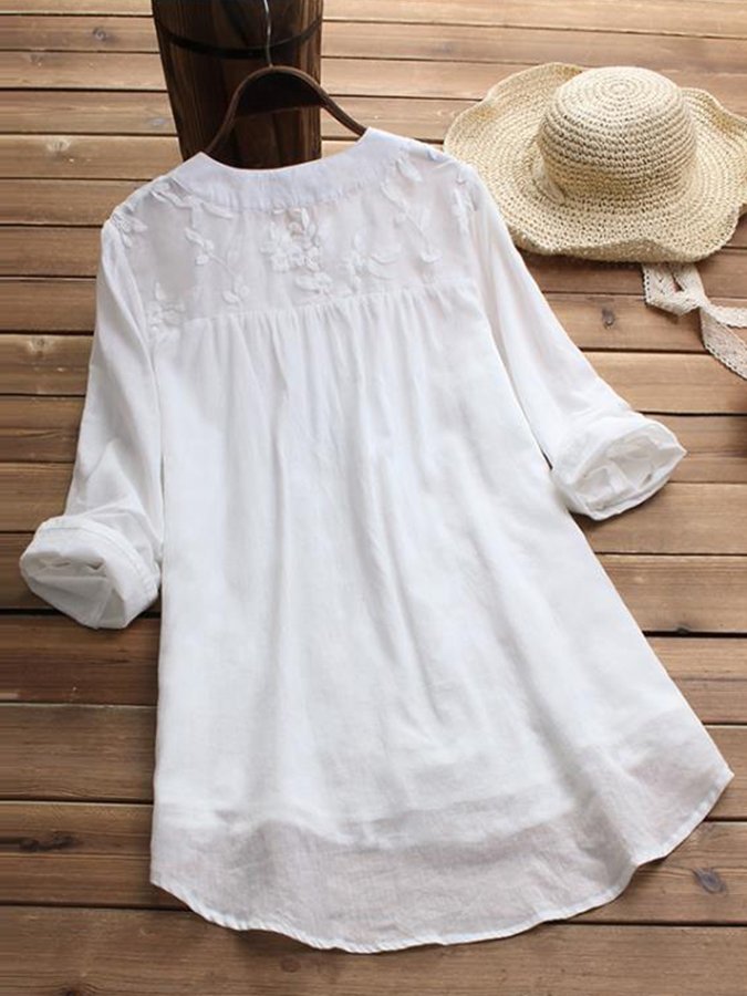 Women's Cotton Linen Lace Embroidered Long Sleeve Shirt