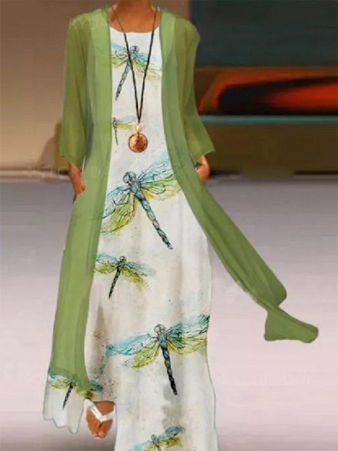 Women's Fashion Casual Printed Two Piece Cardigan Dress