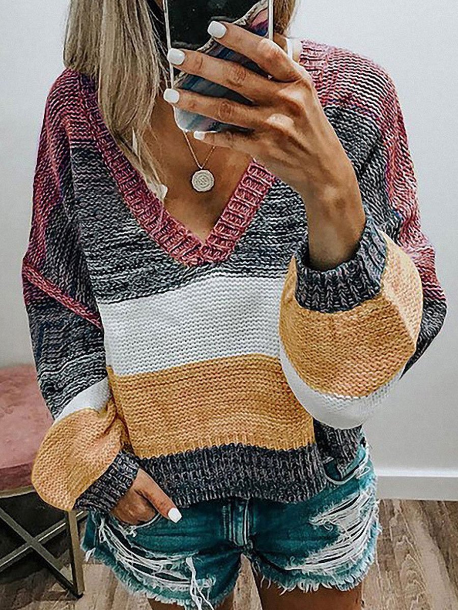V-neck contrast stitching striped knitted sweater