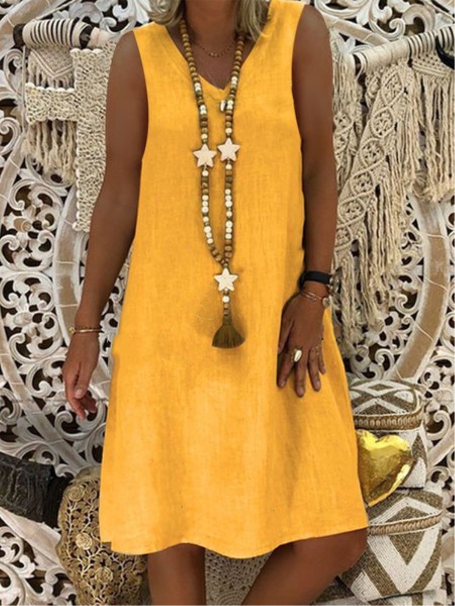 Ladies Cotton Linen V-Neck Sleeveless Tank Dress