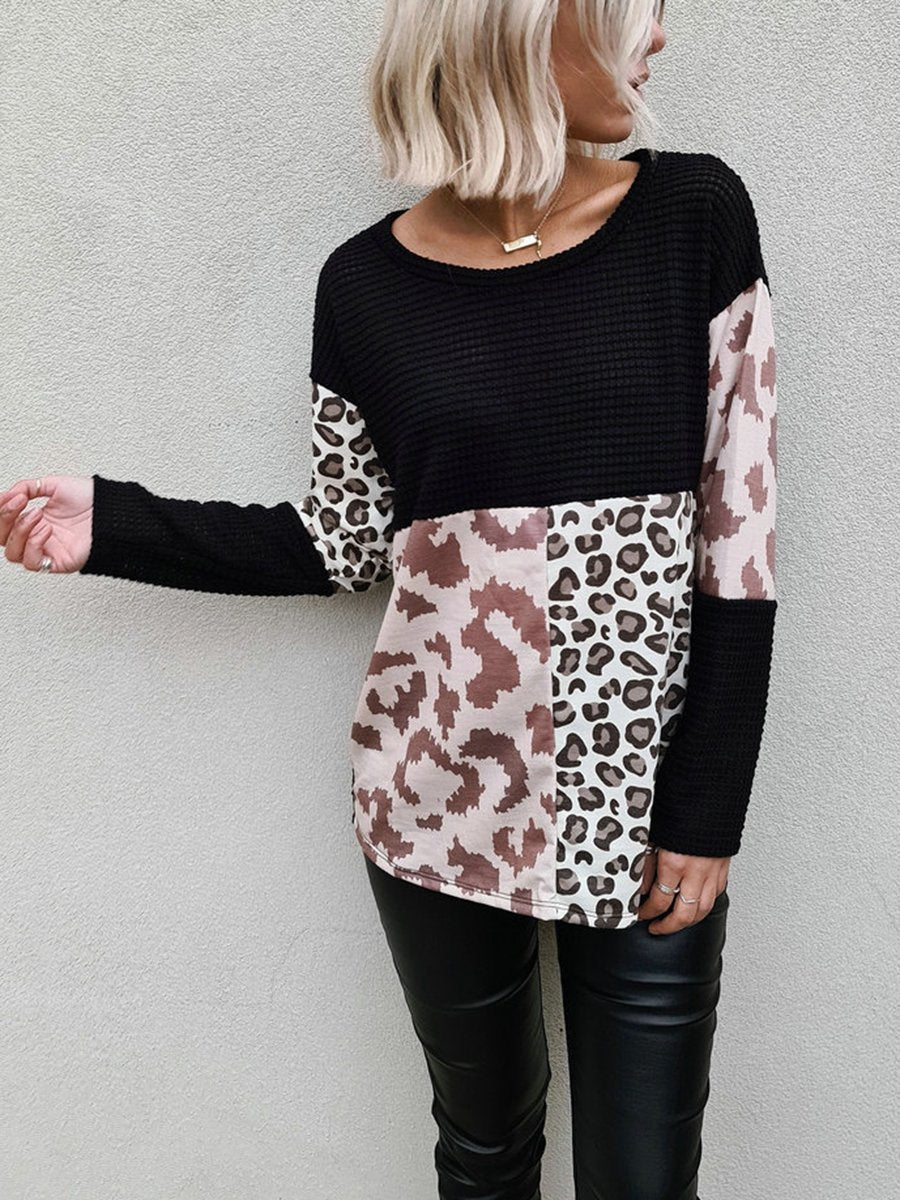 Round Neck Leopard Splicing Stitching Sweater