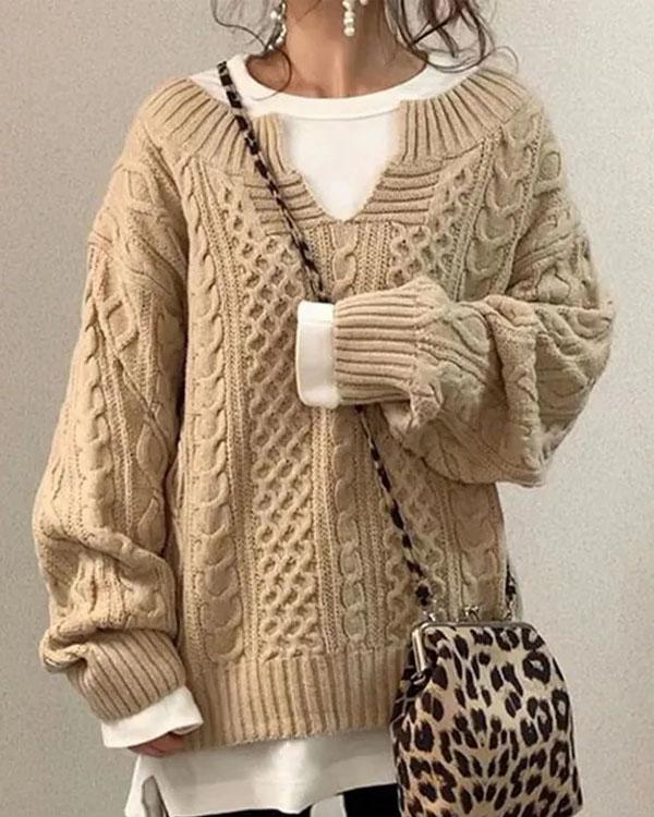 V Neck Hand Twist Sweater