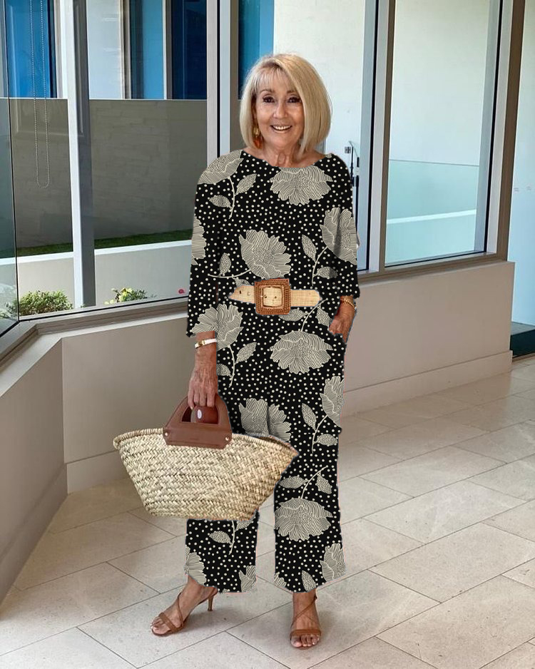 Big Flower Long Sleeve Top and Trousers Two-Piece Set