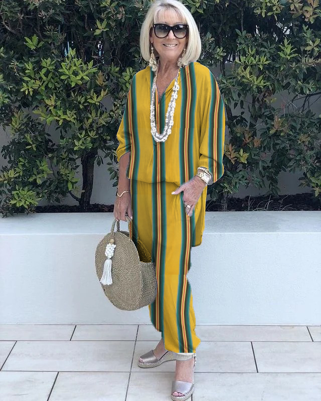 Yellow Striped Shirt and Trousers Two-Piece Suit