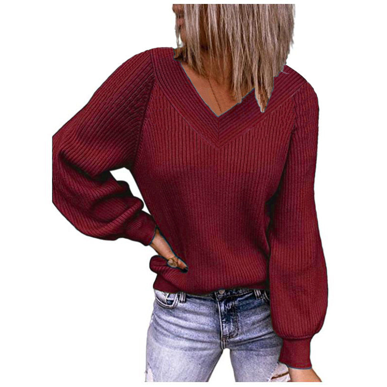 Women's Solid V-Neck Long Sleeve Pullover Knit Top Sweater