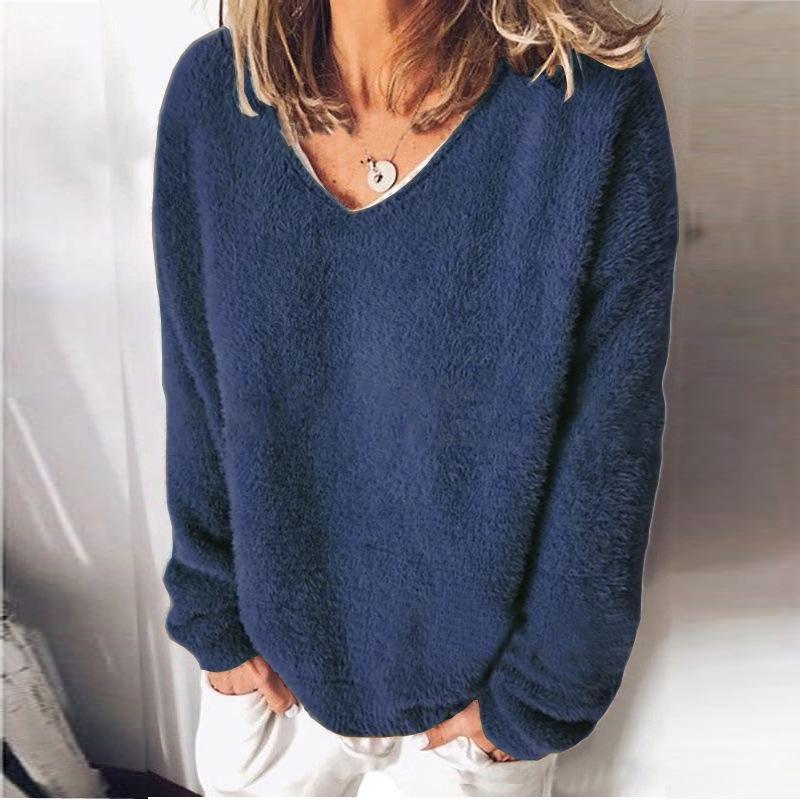 V-Neck Solid Color Furry Sweater