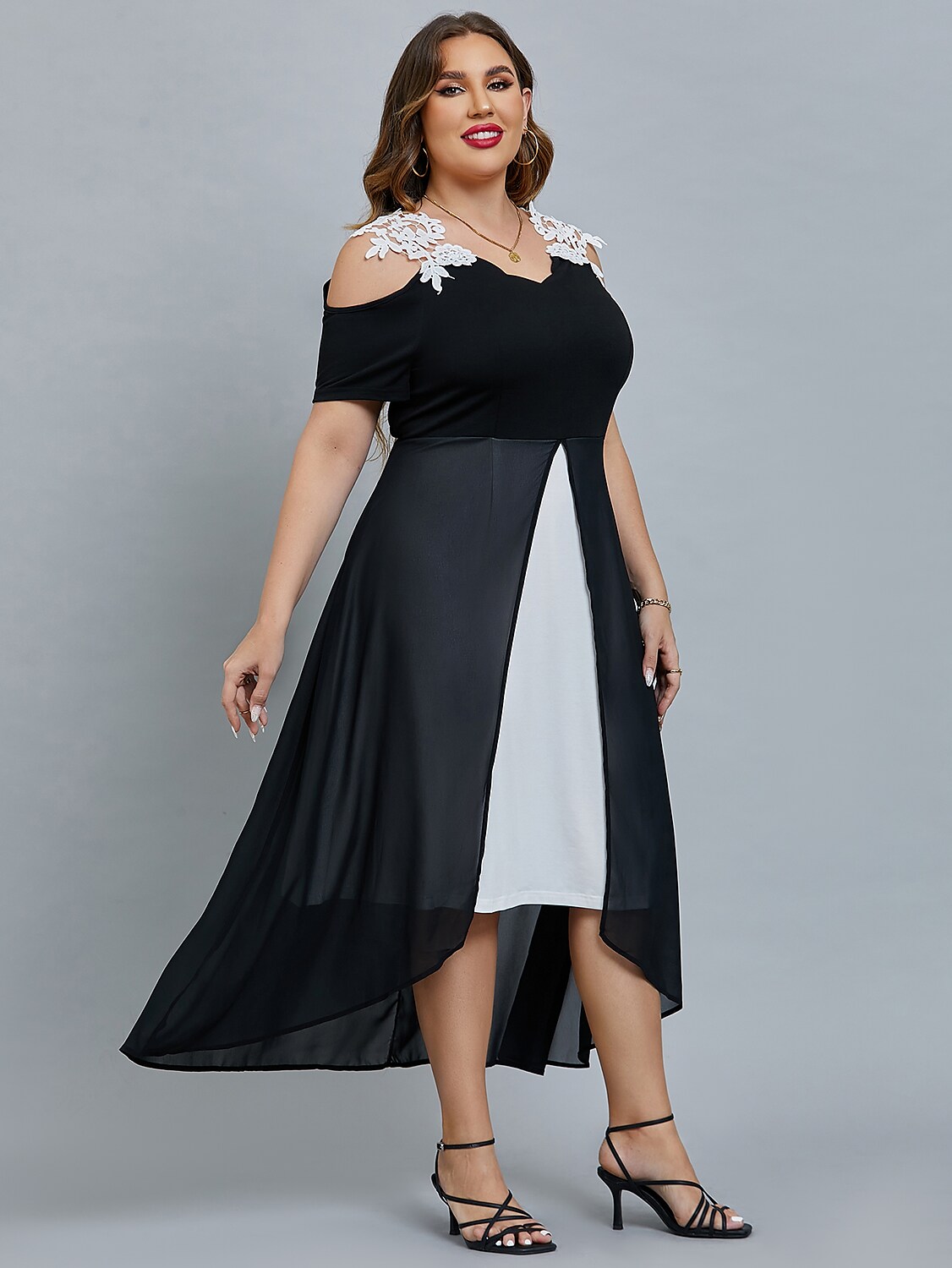 Women's Plus Size Curve Party Dress Color Block V Neck Mesh Half Sleeve Fall Spring Elegant Midi Dress Party Date Dress / Black Dress